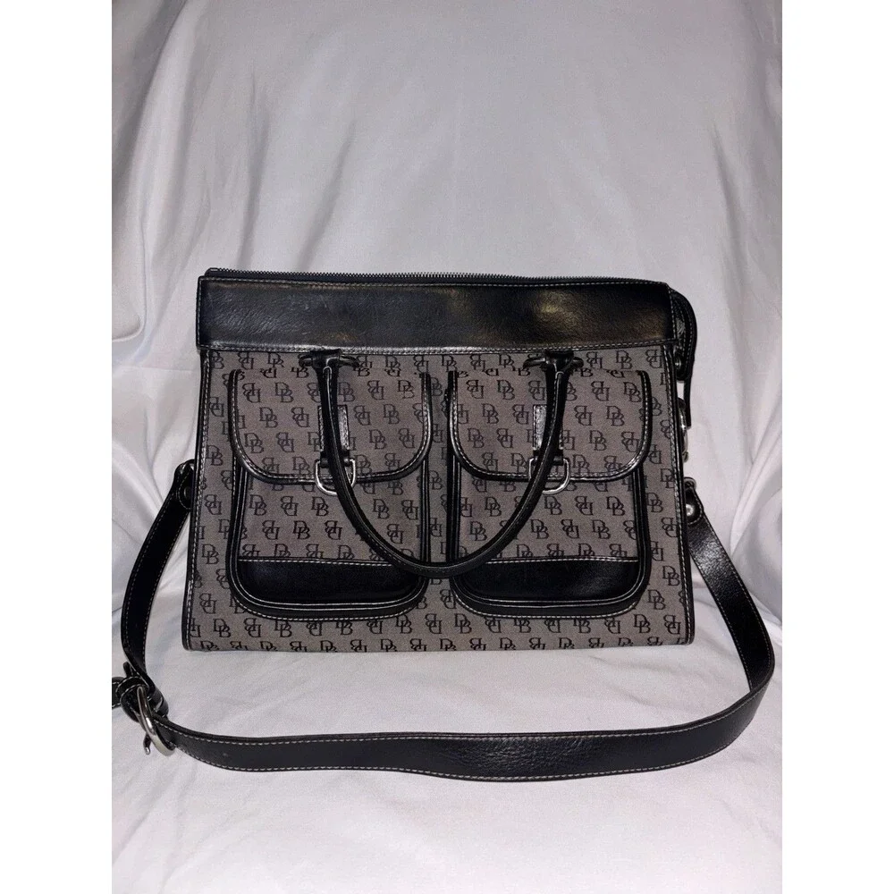 Dooney Bourke Black Grey Monogram Signature Double Pocket Satchel Bag Purse